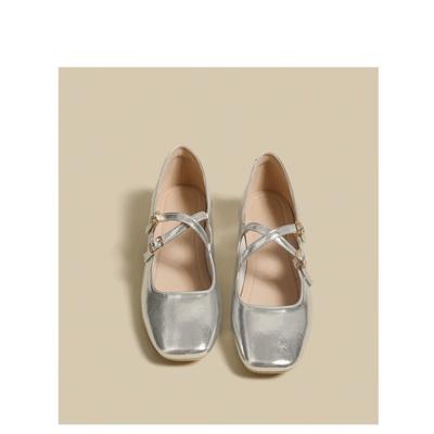 Chaussures de mode pour femmes Mary Jane Nouvelles Sandales d'été en cuir Bouche peu profonde Talon bas Élégantes Ballerines Chaussures argentées pour femmes été 2024