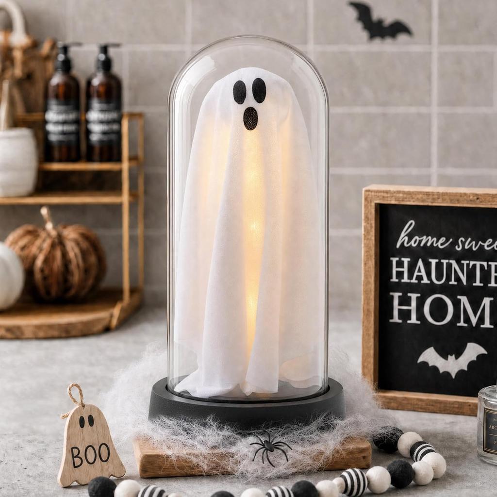 Light Up Ghost in Glass Cloche - Halloween Decorations Indoor with LED Glowing Spooky Figurine Tabletop Centerpiece for Home Party Charming Ghost Gif