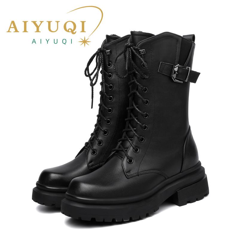 Fashion AIYUQI Women Boots Large Size Genuine Leather Thick Wool Warm Winter Biker Boots Women British Style Women Snow Boots