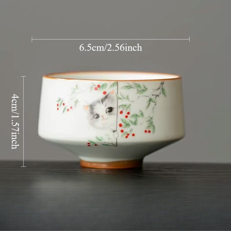 Ruyao Cat Tea Cup Chinese Style Master's Cup Household High-end Tea Cup Ceramic Kung Fu Tea Set Drinking Utensils Teacups