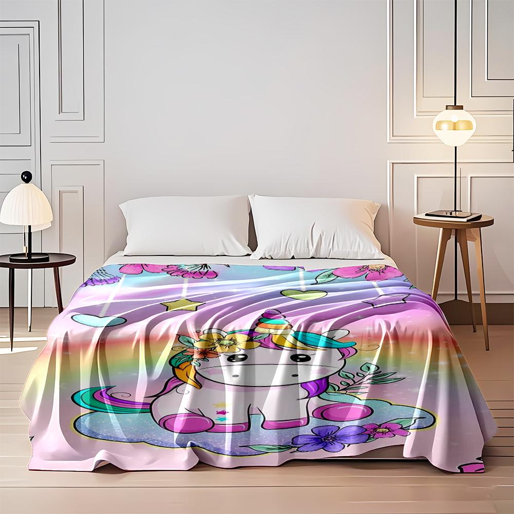 Cute Rainbow Unicorn with Flowers Design Blanket Flannel Blanket for Bedroom, Living Room, Sofa, and Nap Sofas