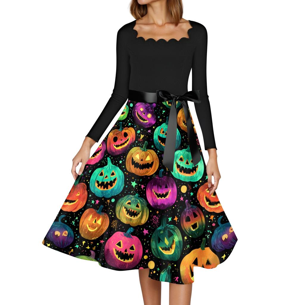 Women's Casual Vintage Halloween Print Square Neck Long Sleeve Dress with Waist Bow Tie Retro Style Flared Skirt