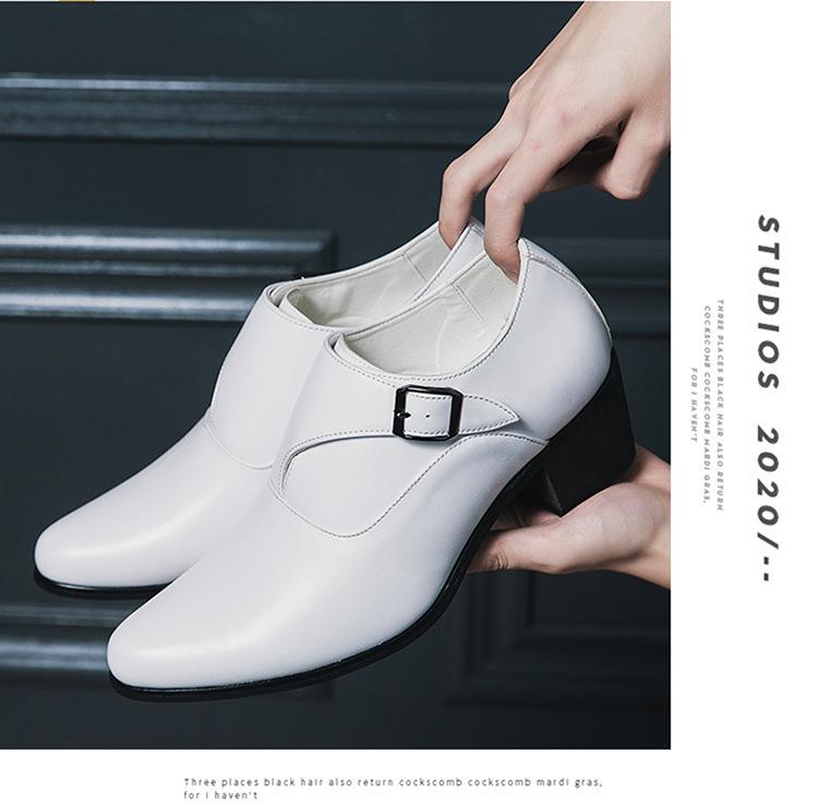 Men's White Pointed Toe Leather High Heel Shoes for Weddings and Parties - Size 37, Business Casual, Height Increasing