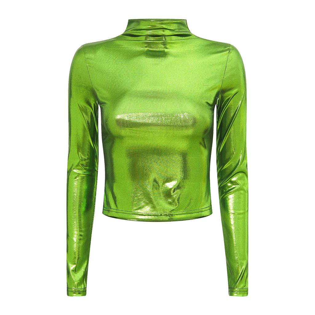Damen Glänzendes Metallisches Schmal Geschnittenes Rollkragen Langarm T-Clubwear Cocktailparty Musikfestival Oberteile