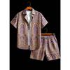 Men's Luxury Architectural Style Printed two-piece set, Short Sleeved Shirt And shorts, For Daily Wear And Exotic Luxury Style