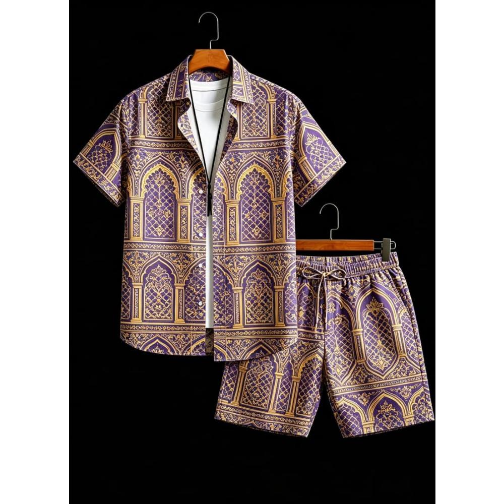 Men's Luxury Architectural Style Printed two-piece set, Short Sleeved Shirt And shorts, For Daily Wear And Exotic Luxury Style