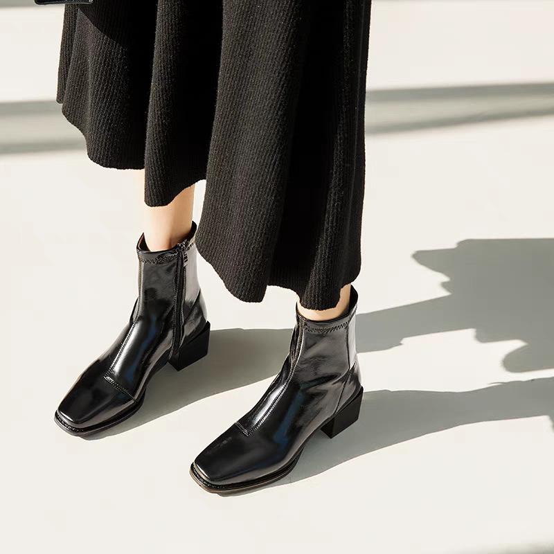 Black thick heel square head thin Martin boots women's shoes 2025 new autumn and winter single boots thin French short boots