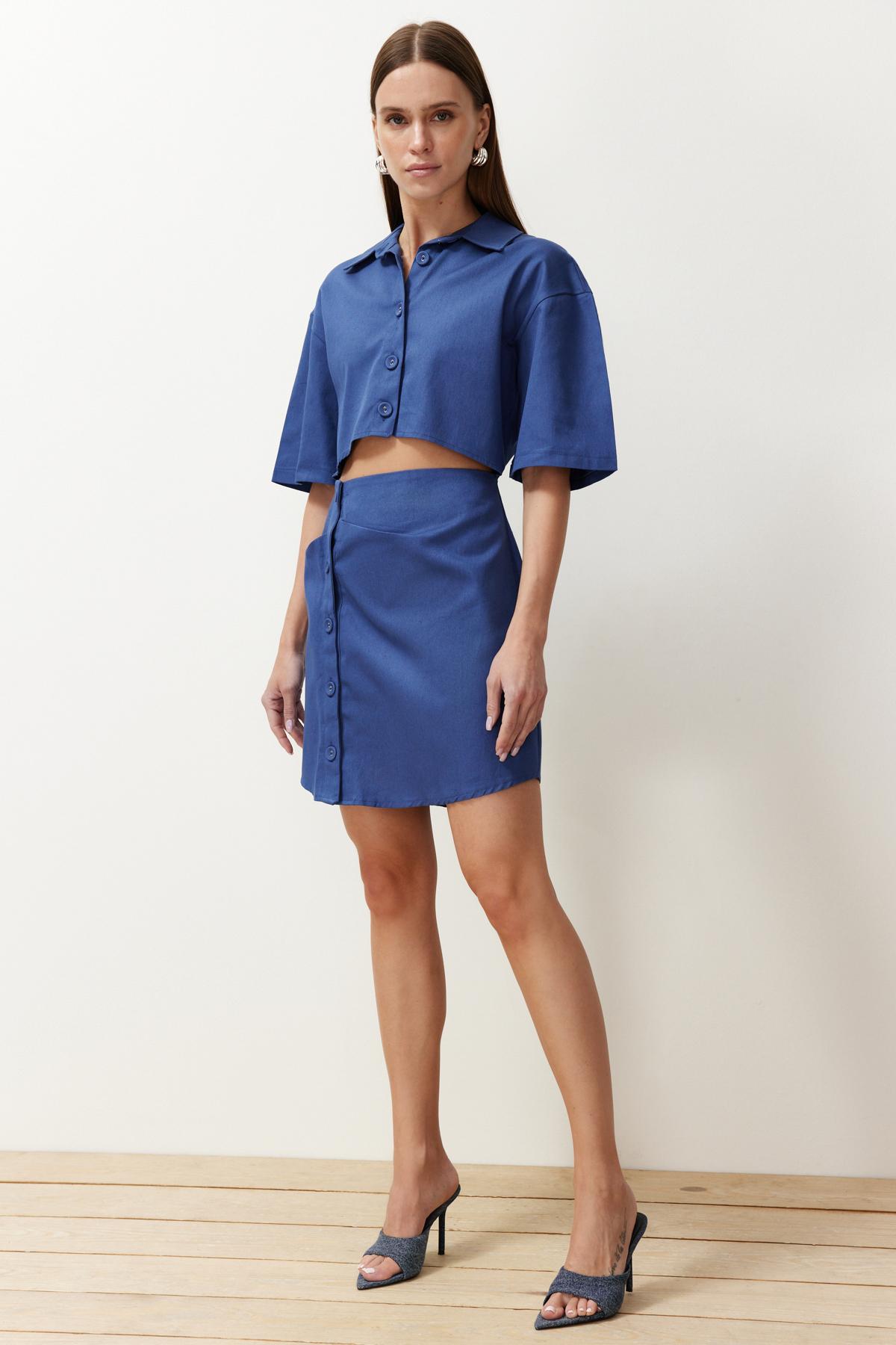 

Женское платье, новый сезон, модное, ограниченное издание, индиго, трапециевидной формы, с рубашечным воротником, мини-тканое платье