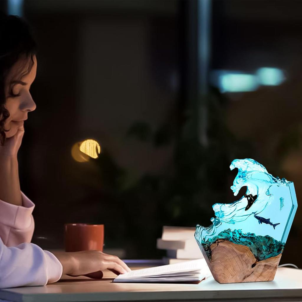 Resin LED Ocean Surfing Night Lights Handmade Wooden Resin Bedside Table Lamp 3D Art Ornaments For Office Bedroom Room Party