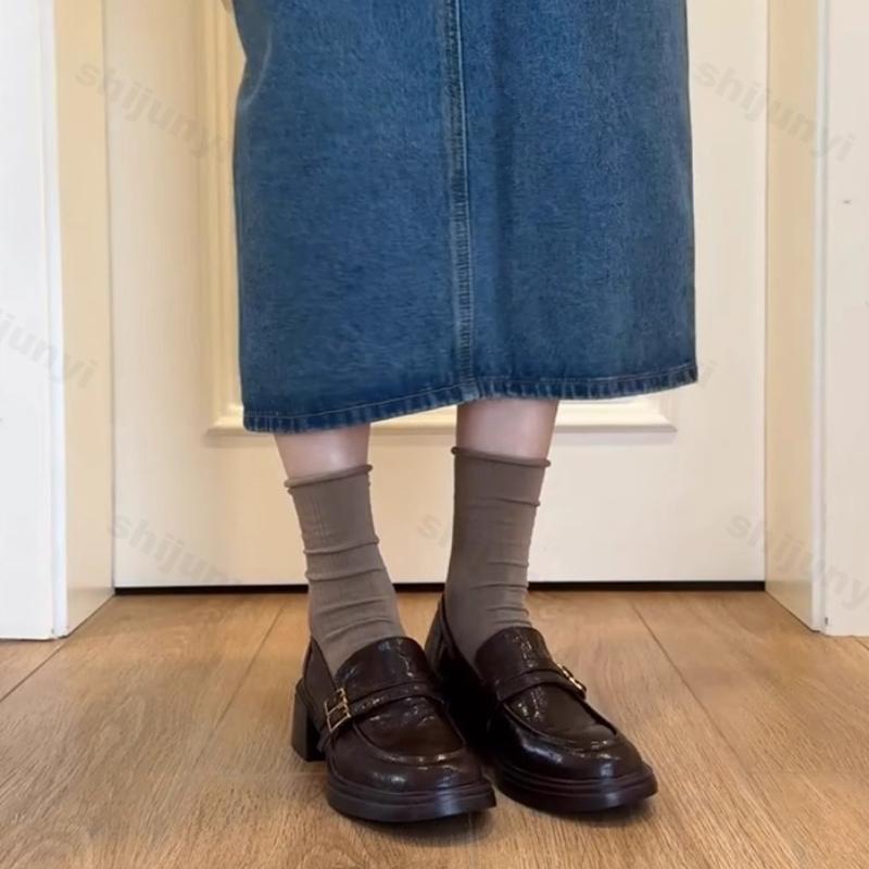 Women Platform Loafers Spring Autumn Slip on Vintage Chunky Leather Shoes Fashion Buckle Strap Height Increase Middle Heel Shoes
