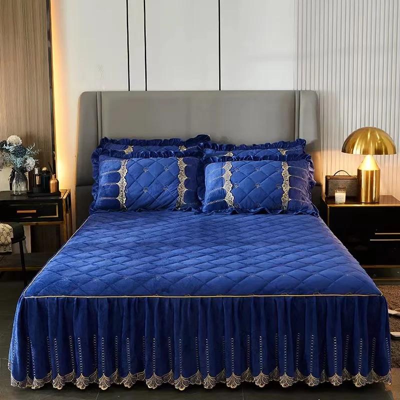 Luxury Solid Color Crystal Velvet Quilted Bedspread King Queen Size Lace Soft Coral Fleece Bed Skirt Not Including Pillowcase