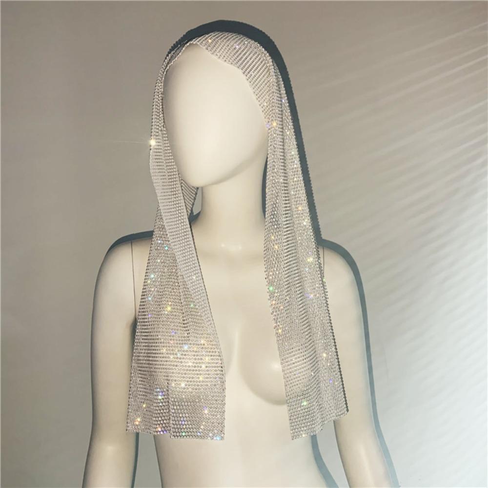 

Versatile Glitter Rhinestone Bandana Mesh Bling Fishing Net Scarf Elastic Crystal Scarf Headbands белый