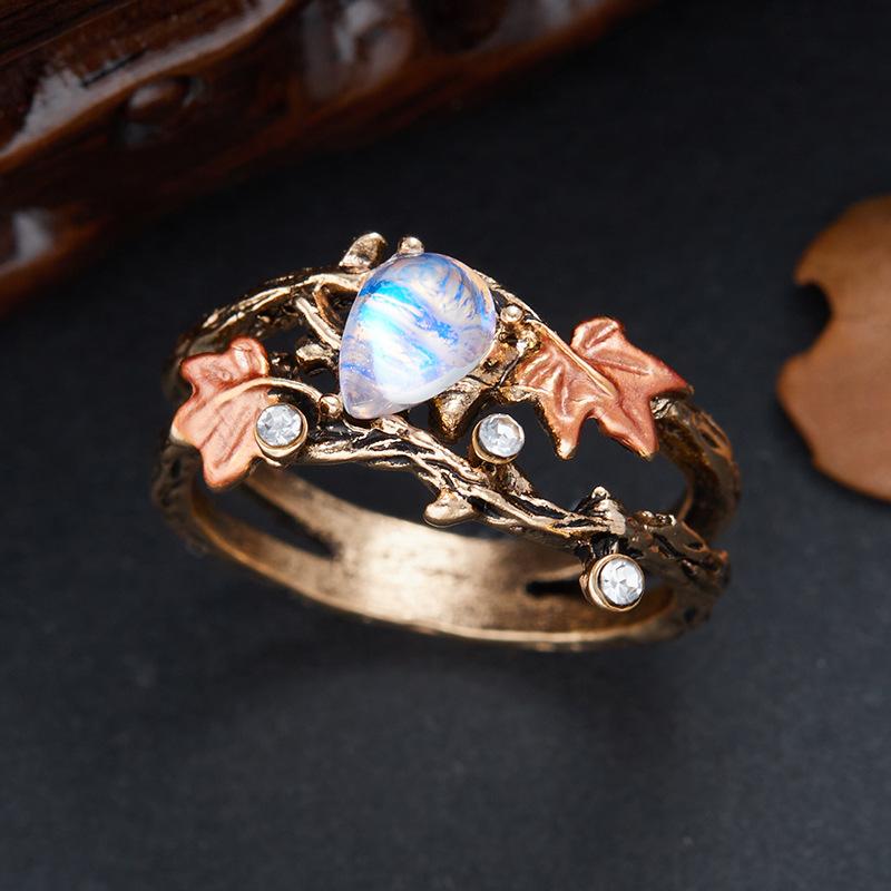 Vintage Maple Leaf Branch Double Layer Ring, Light White Gemstone Jewelry for Women Men Holiday Party