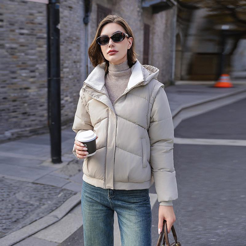 Short cotton-padded women's winter new removable sleeves cotton-padded warm thickened loose cotton-padded jacket hooded bread jacket