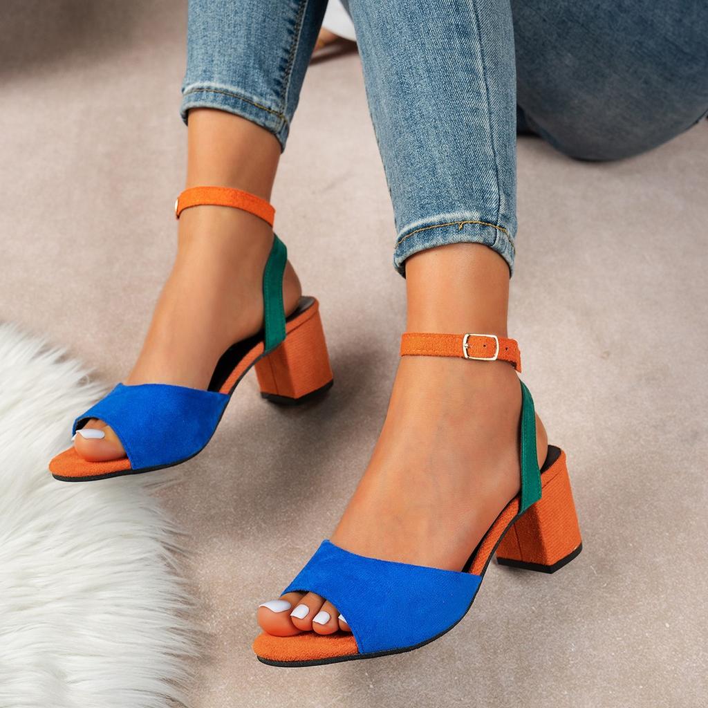 Color High-heeled Sandals Women's Summer New One-word Square Head Thick-heeled Sandals