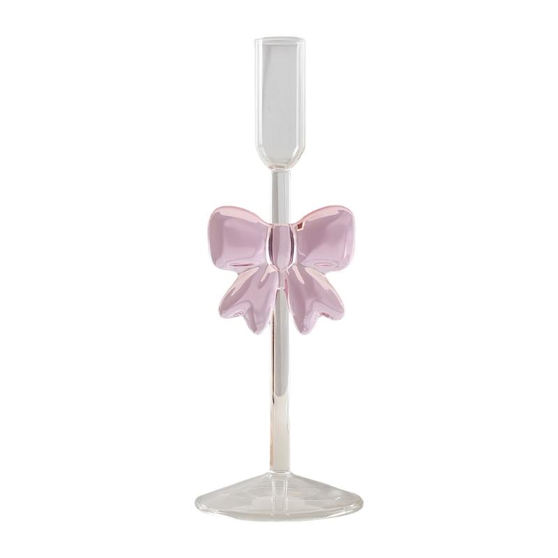 Artistic Glass Candle Stand With Intricate Bowknot Design Heat Resistant Taper Candlestick Holders Easy To Clean