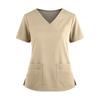 Women's Fashionable Solid Color V-neck Double Pocket Short Sleeved Shirt With Slit Hem Uniform And Worker Top