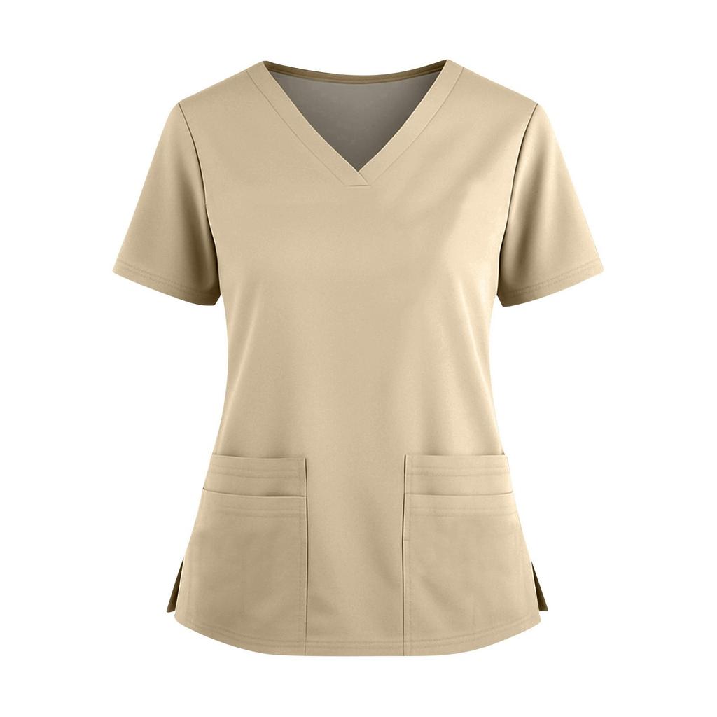 Women's Fashionable Solid Color V-neck Double Pocket Short Sleeved Shirt With Slit Hem Uniform And Worker Top