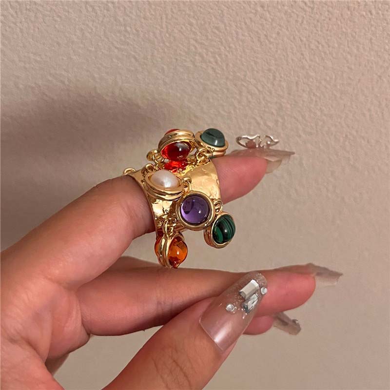 

Vintage Natural Stone Beaded Open Ring For Men Women Exaggerated Metal Multi-layer Tassel Adjustable Fringe Ring Wedding Zircon