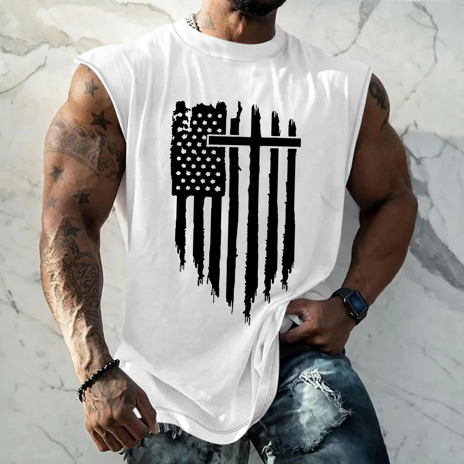 

Летний мужской однотонный поглощающий пот дышащий жилет без рукавов с принтом и расширяющимся плечом XL белый