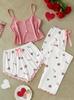 Pure Desire Love Print Summer Three-piece Set Sweet Suspenders Women's Loungewear Pajamas Women