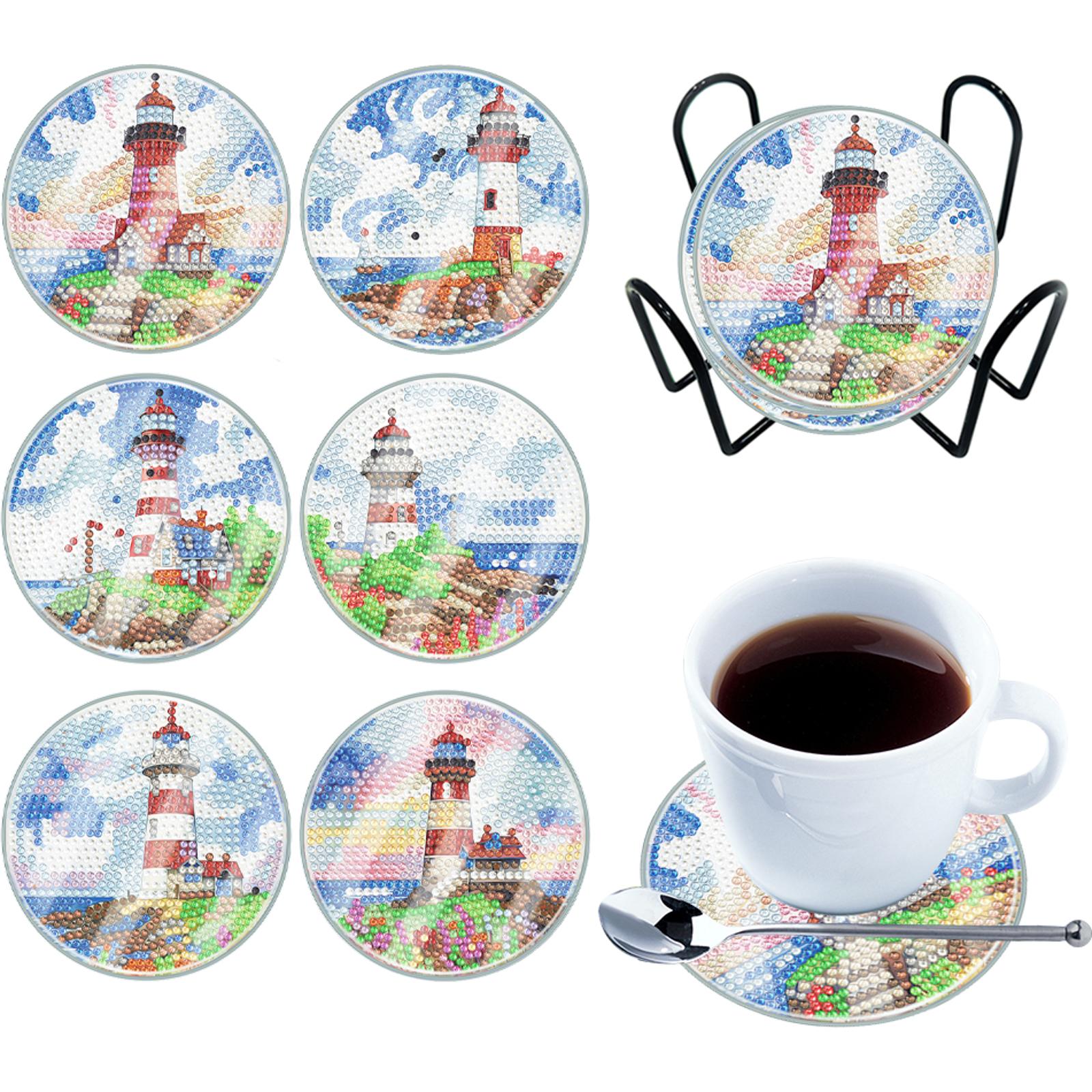 6PCS Diamond Painting Art Coaster Kit with Holder Acrylic Diamond Painting DIY Coaster Washable Diamond Painting Crafts Coaster