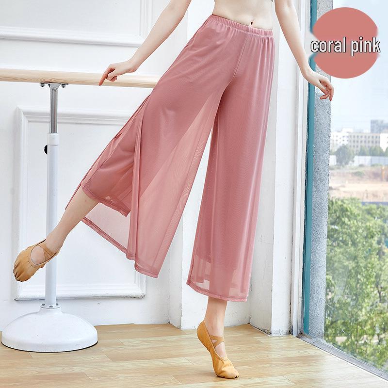 Women's Modern Ethnic Jazz Mesh Wide-Leg Dance Pants with Flowy Slits