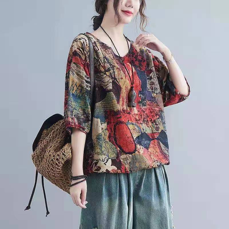 Pure Cotton Summer Loose Plus Size Women's Retro Printed Age-reducing Short-sleeved T-shirt