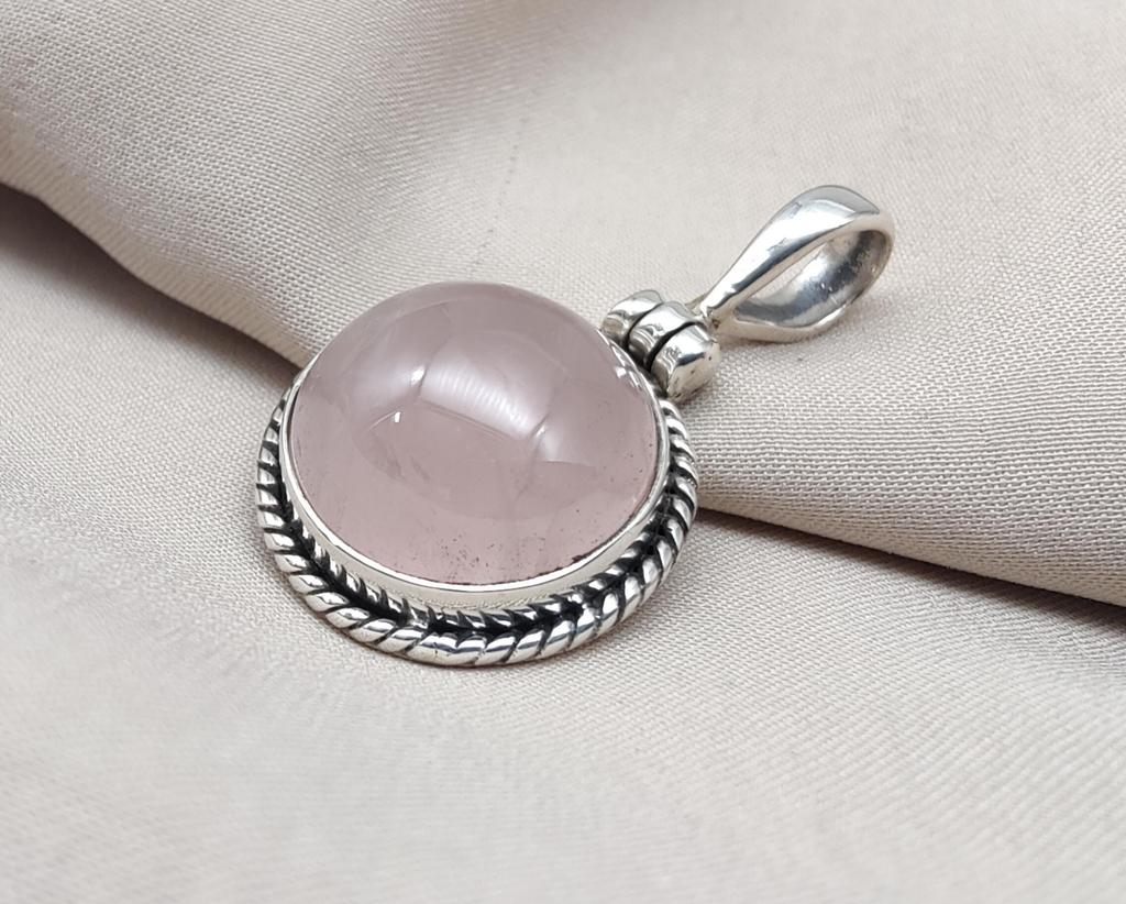 Handmade Rose Quartz Pendant: 925 Sterling Silver Round Necklace