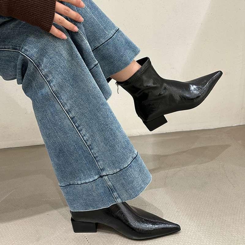 Short Boots for Women Thick Heeled Short Boot Retro Pointe Toe Ankle Boots for Women New Casual Leather Boot Botas Mujer
