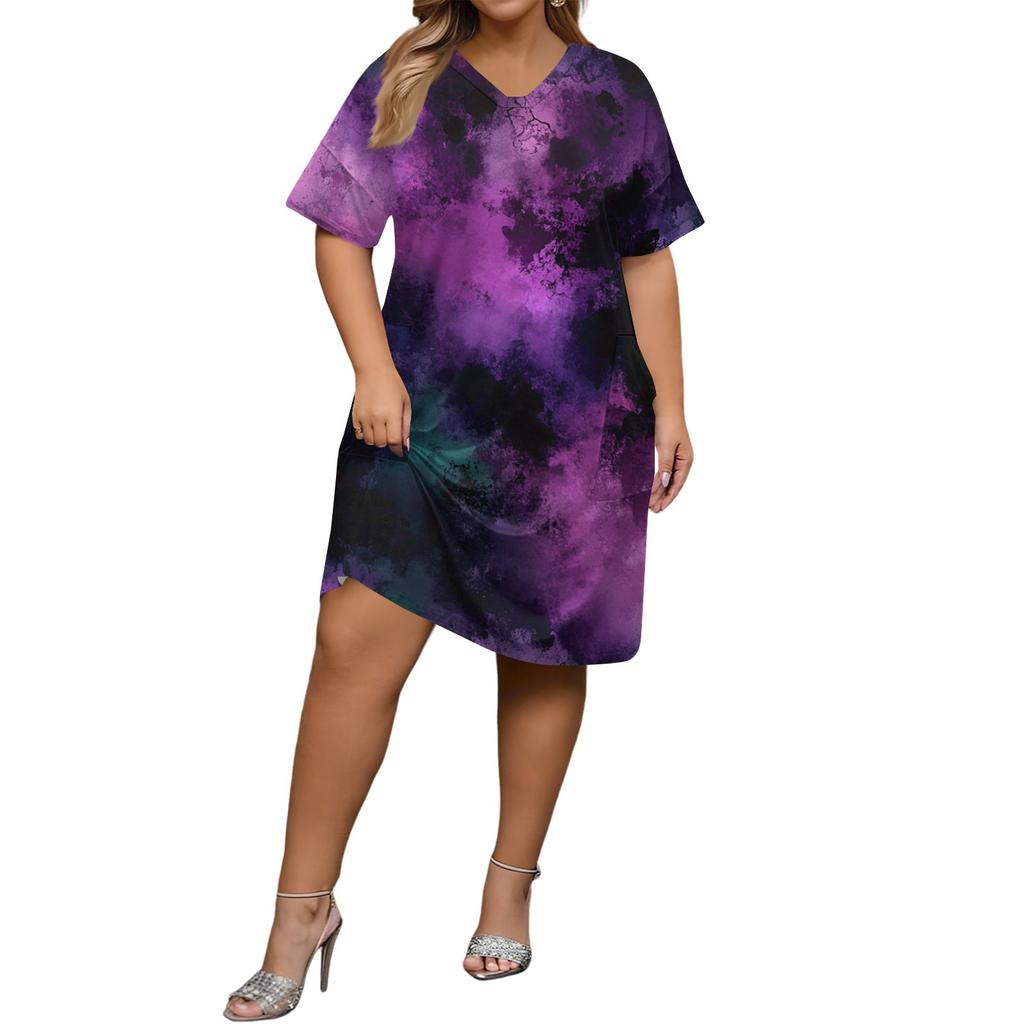 Summer Plus Size V Neck Short Sleeve Knee Pocket  Print Casual Dress For Women