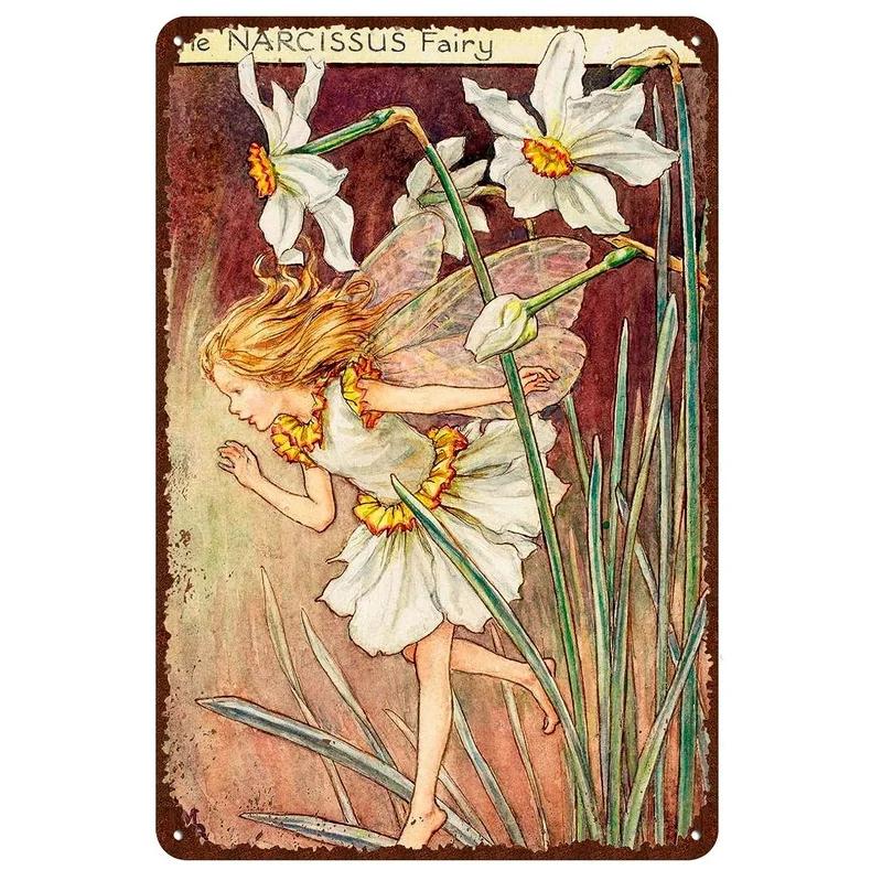 Flower Fairy Girl Metal Tin Signs Wall Decoration Plaque Vintage Art Poster Iron Painting for Man Cave Home Cafe Garden Club Bar