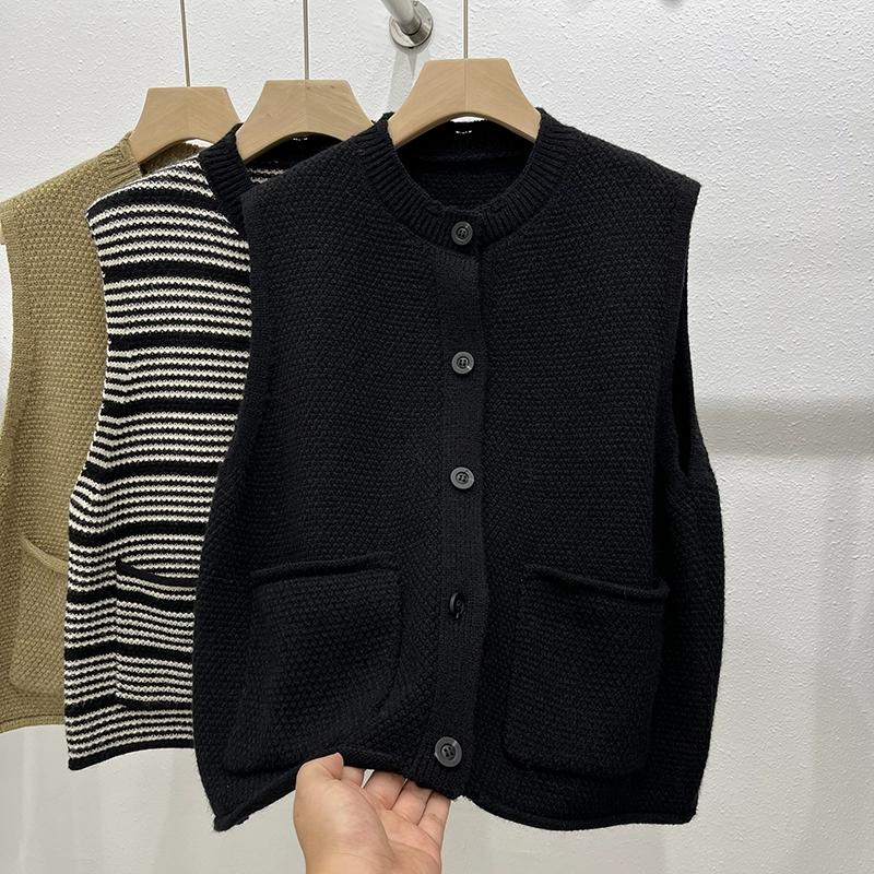 DIMANAF 2025 Autumn Striped Vest Women Sleeveless Sweaters Knitting Colorful Buttons Casual Style Loose Sweater