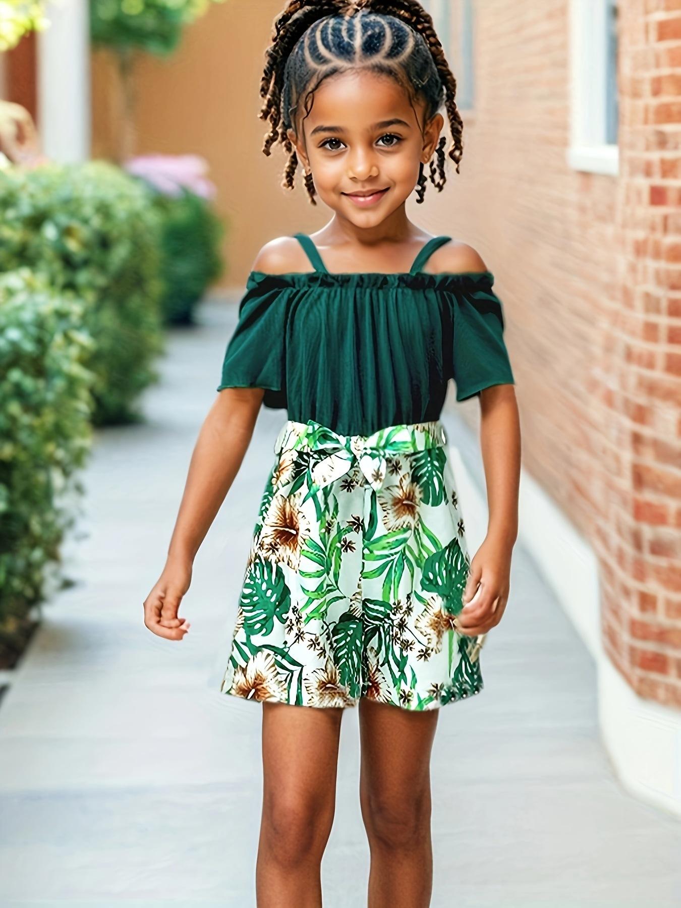 

Стильный комбинезон с цветочным принтом для девочек, летний детский комбинезон 5-6Y светло-зеленый