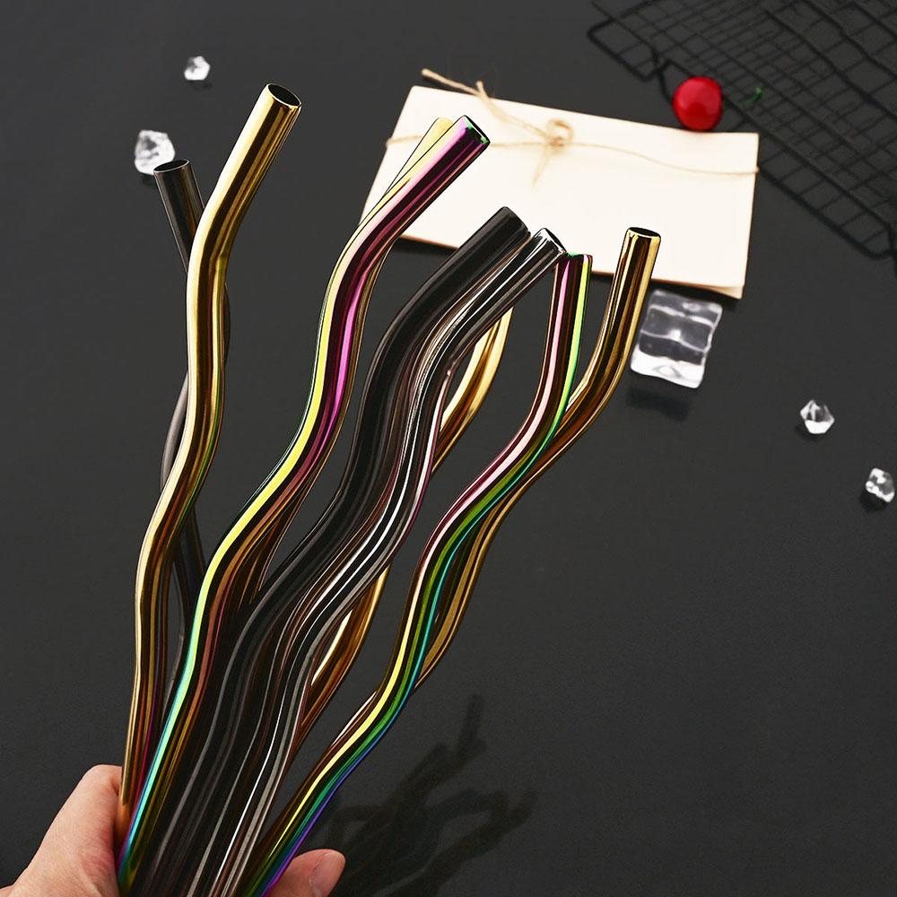 8*235mm Wave Reusable Coloful Straw Set 304 Stainless Steel Straw Bent Drinking Straw With Cleaning Brush Home Bar Accessory