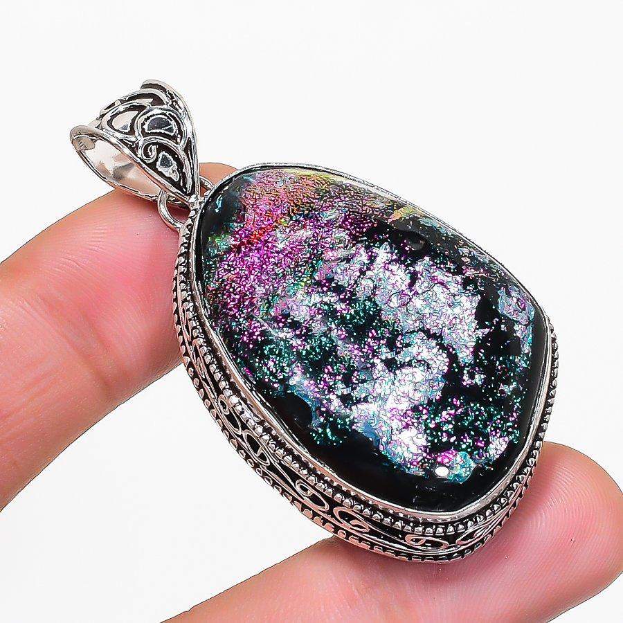 Dichroic Glass Gemstone Handmade 925 Sterling Silver Jewelry Pendant 2.21" KJ-1600