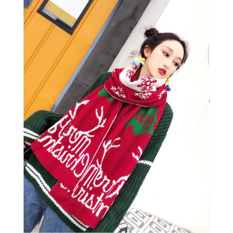 

Winter Chic Antler Scarf Japanese Deer Red and Green Double Layer Elk Thickened Woolen Scarf Female Student Shawl 180*40cm