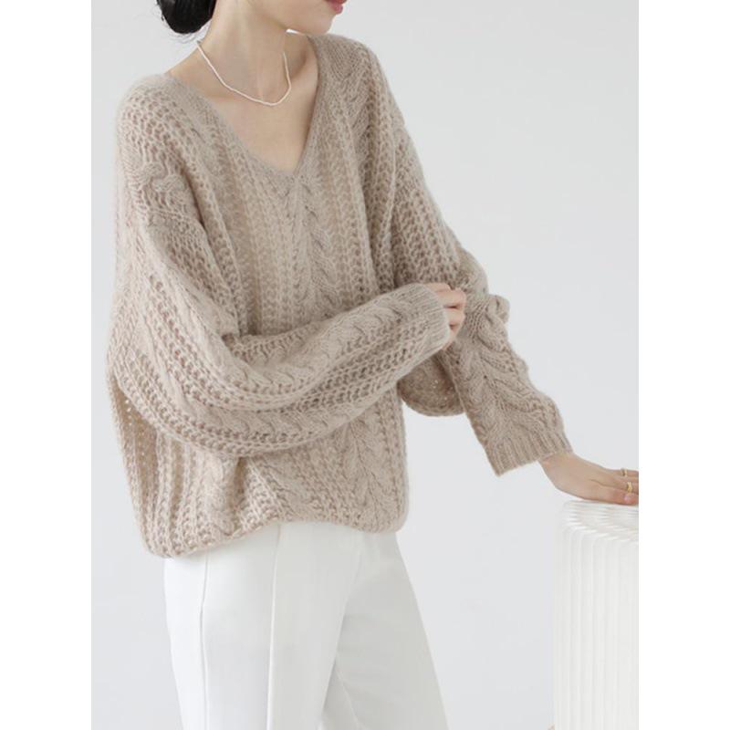 Women's French V-Neck Sweater: Early Spring to Winter Style, Hollow Knit, Fashionable Temperament Top