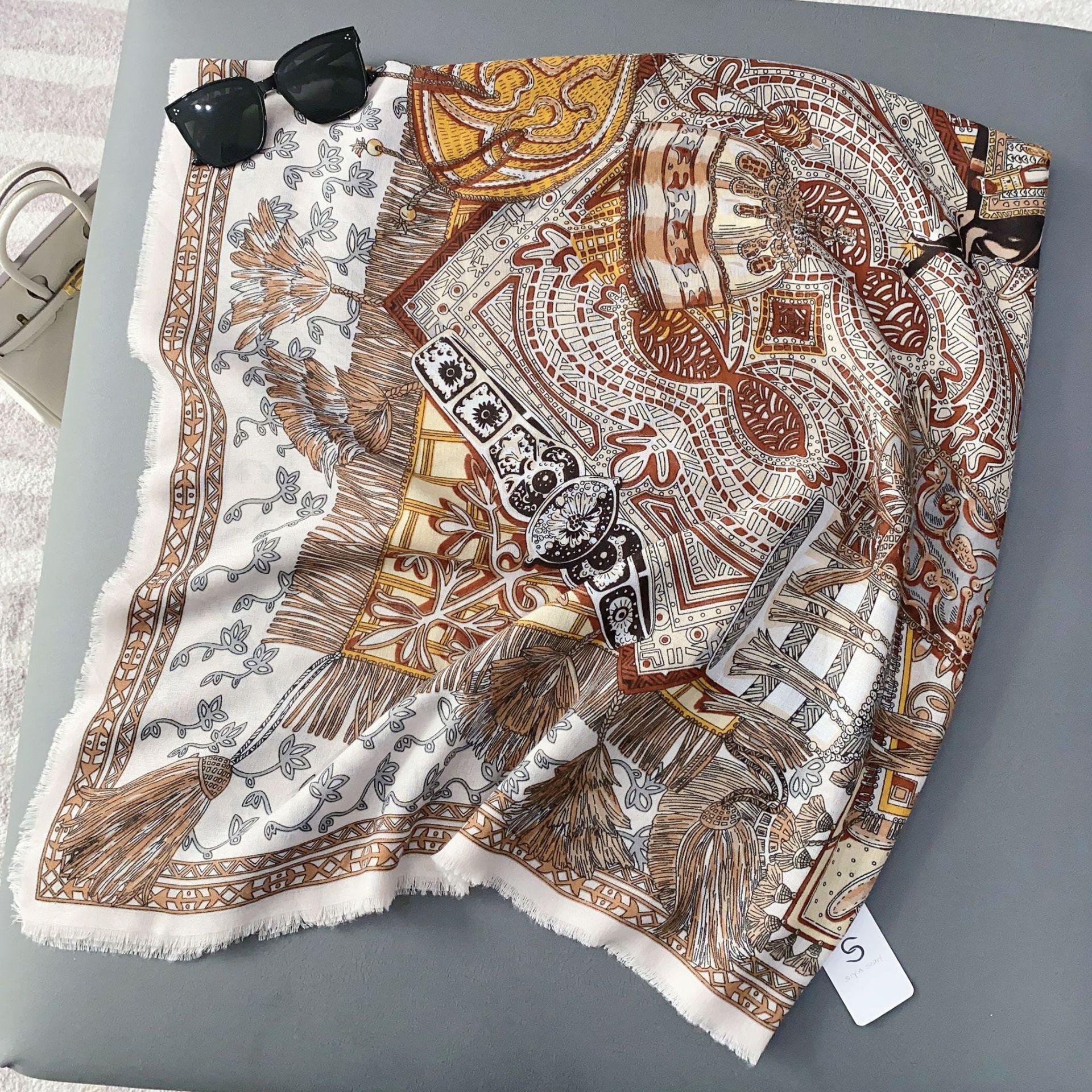 

Light luxury printing, beard removal, large square scarf, spring and autumn warm decoration cotton and linen feel scarf, office shawl dual-purpose 130*130cm
