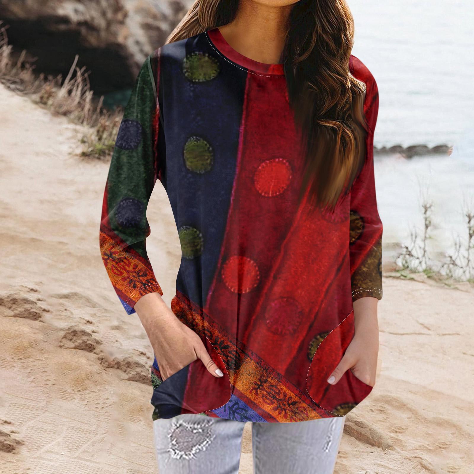 

Женская модная повседневная футболка с карманом и круглым вырезом с рукавами 3/4 и топом XXL тёмно-синий