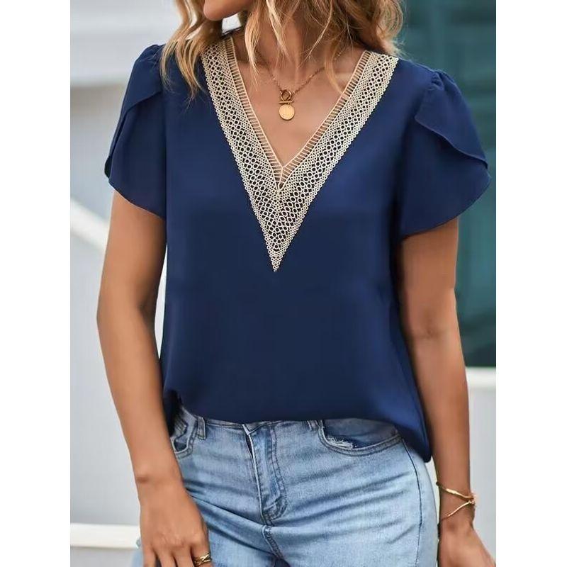 

European Station Patchwork White V-Collar Top Shirt Short Sleeve Tibetan Blue M