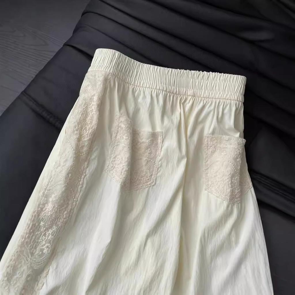 Lace Patchwork Sweet Pants Women Casual Korean High Waist Fashion Straight Trousers Loose Chic Female Summer Design Pants