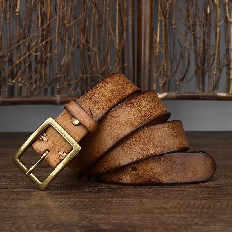 

Унисекс ремень из состаренной кожи 3,2 см с пряжкой-штырьком - Винтажная коровья кожа 125cm