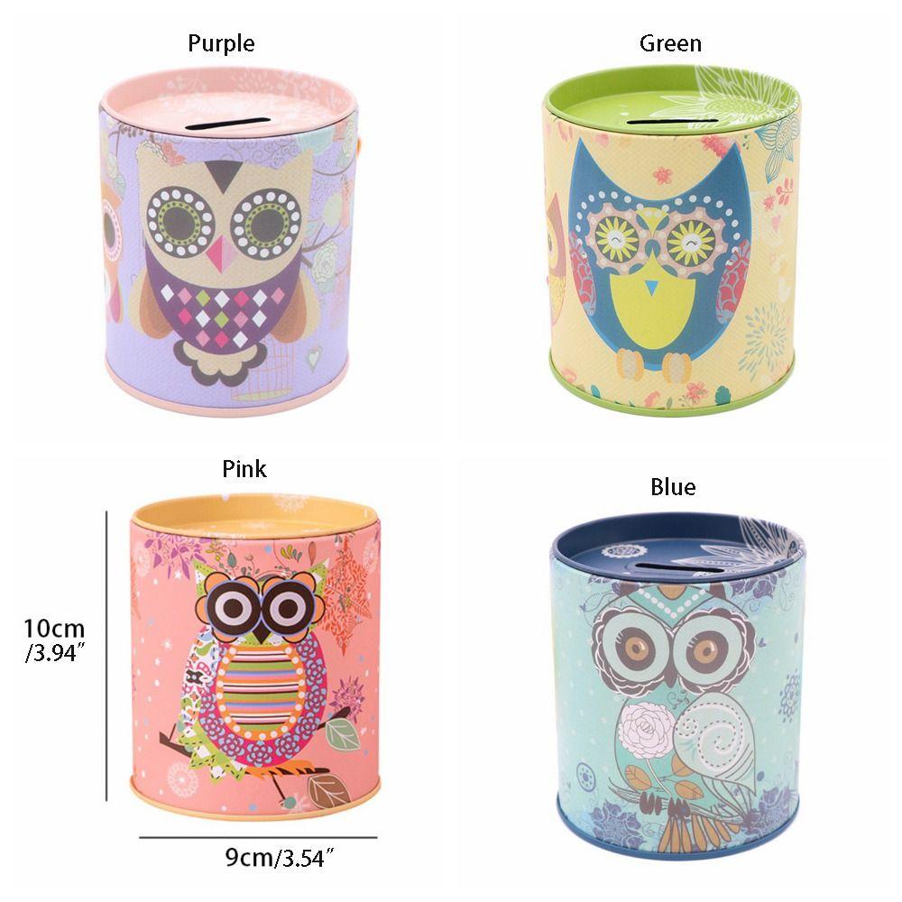 Iron Owl Piggy Bank Mini Metal Storage Box Easy Use Round Saving Banks  Birthday Gift