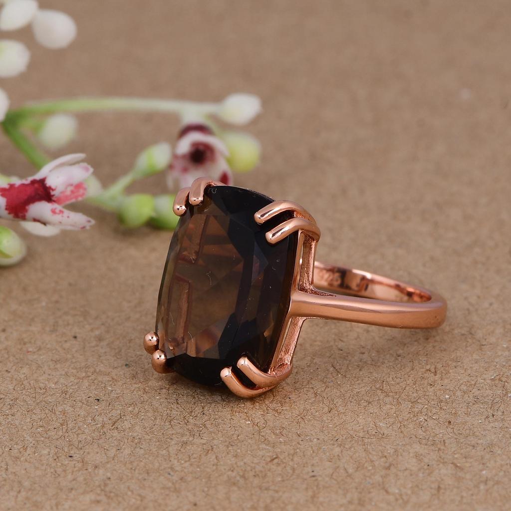 Attraktiver Rosegold Smoky Quarz Edelsteinring, 925 Silber Krappenfassung Ring, Handgefertigter Schmuck Für Frauen, Trendig Als Geschenk, Jahrestag Geschenk Für Frau
