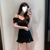One-word Neck Dress Slim-fitting Bubble Sleeve Pleated Hip-wrapped Suspender Skirt Temperament Small Short Skirt Female Summer