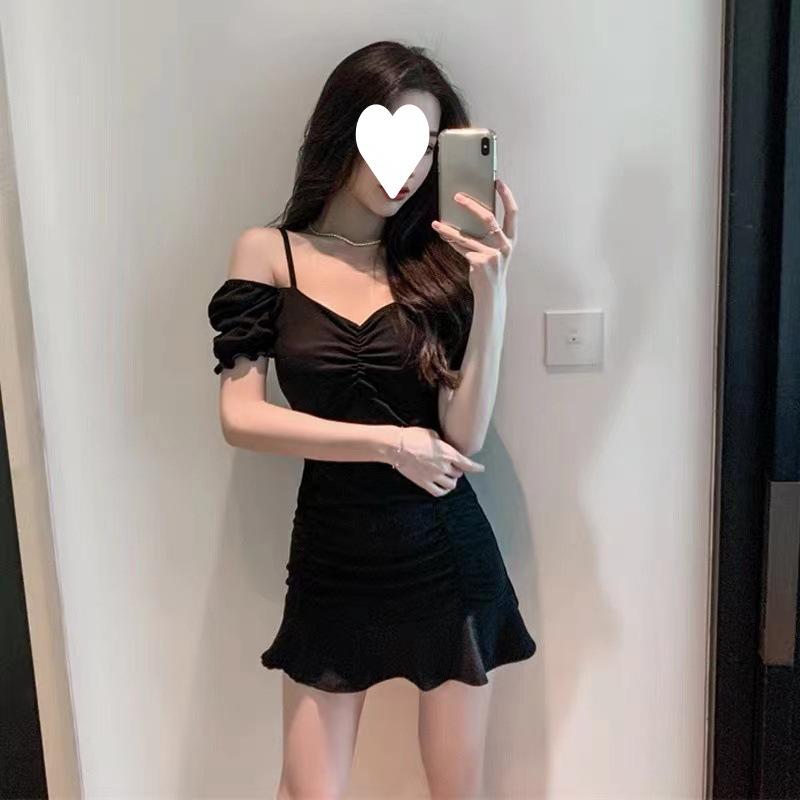 One-word Neck Dress Slim-fitting Bubble Sleeve Pleated Hip-wrapped Suspender Skirt Temperament Small Short Skirt Female Summer