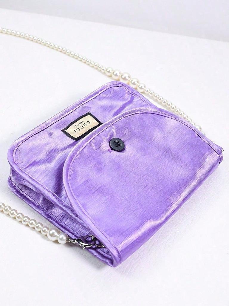 Gucci Purple Square Makeup Bag, DIY Pearl Chain Storage Bag, Fashionable Shoulder Bag