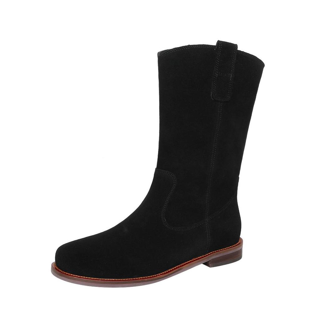 Krazing Pot Chaussures en daim de vache pour femme, bottes mi-mollet à bout rond et talons bas épais, collection automne-hiver