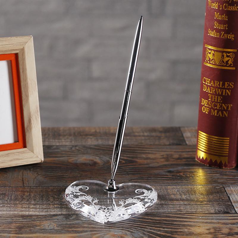 Metal and Acrylic Heart Crystal Pen Holder Set for Office Desk